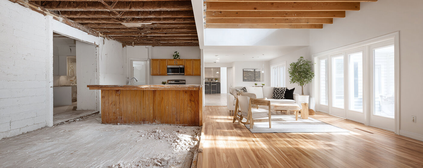 Before-and-after home renovation showing a stripped interior and a finished living space