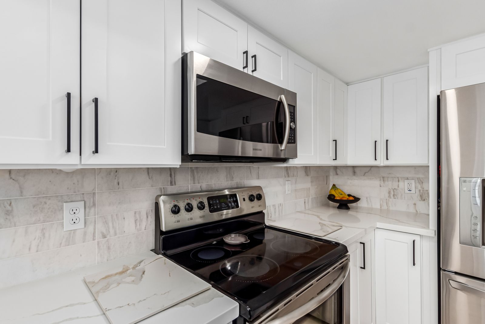 Quartz countertop with marble-look backsplash